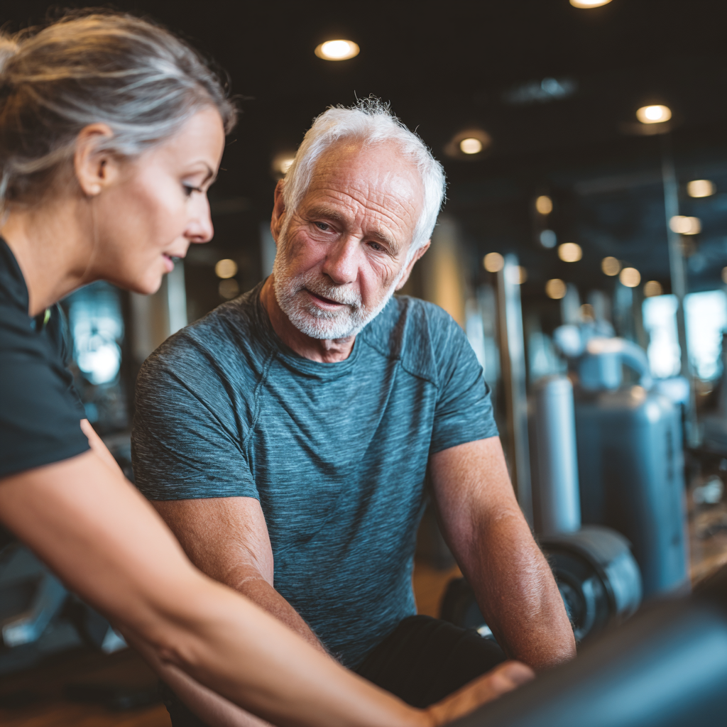 Professional fitness trainer working with senior adult client in wellness center